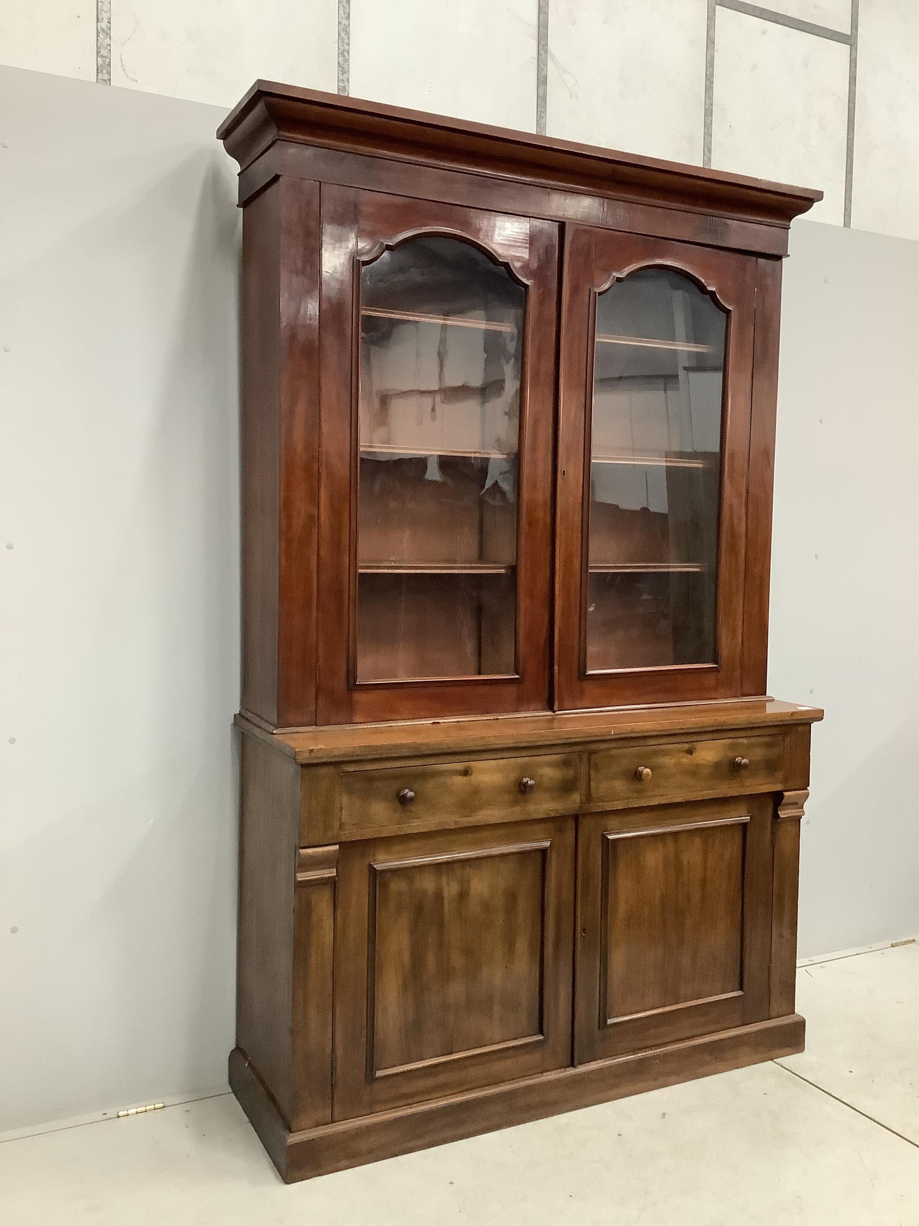 A Victorian mahogany library bookcase, width 145cm, depth 49cm, height 231cm. Condition - fair